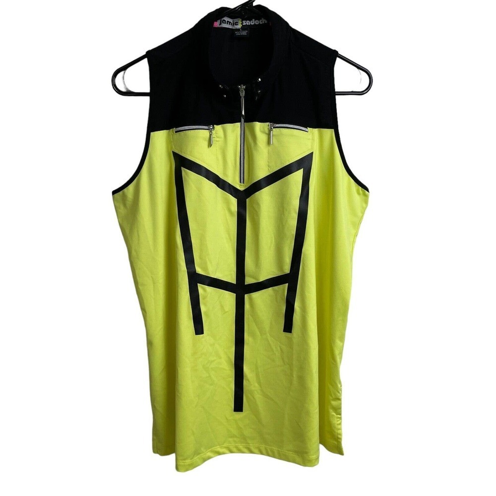 Jamie Sadock Womens Golf Top Large Yellow Black Sleeveless Faux Leather Zip